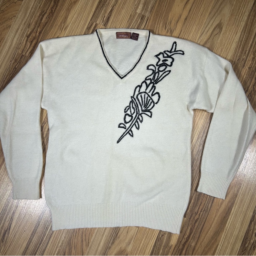 Vtg Worthington Sweater Womans 38/18W Silk Angora Lambswool Blend Cream Beaded